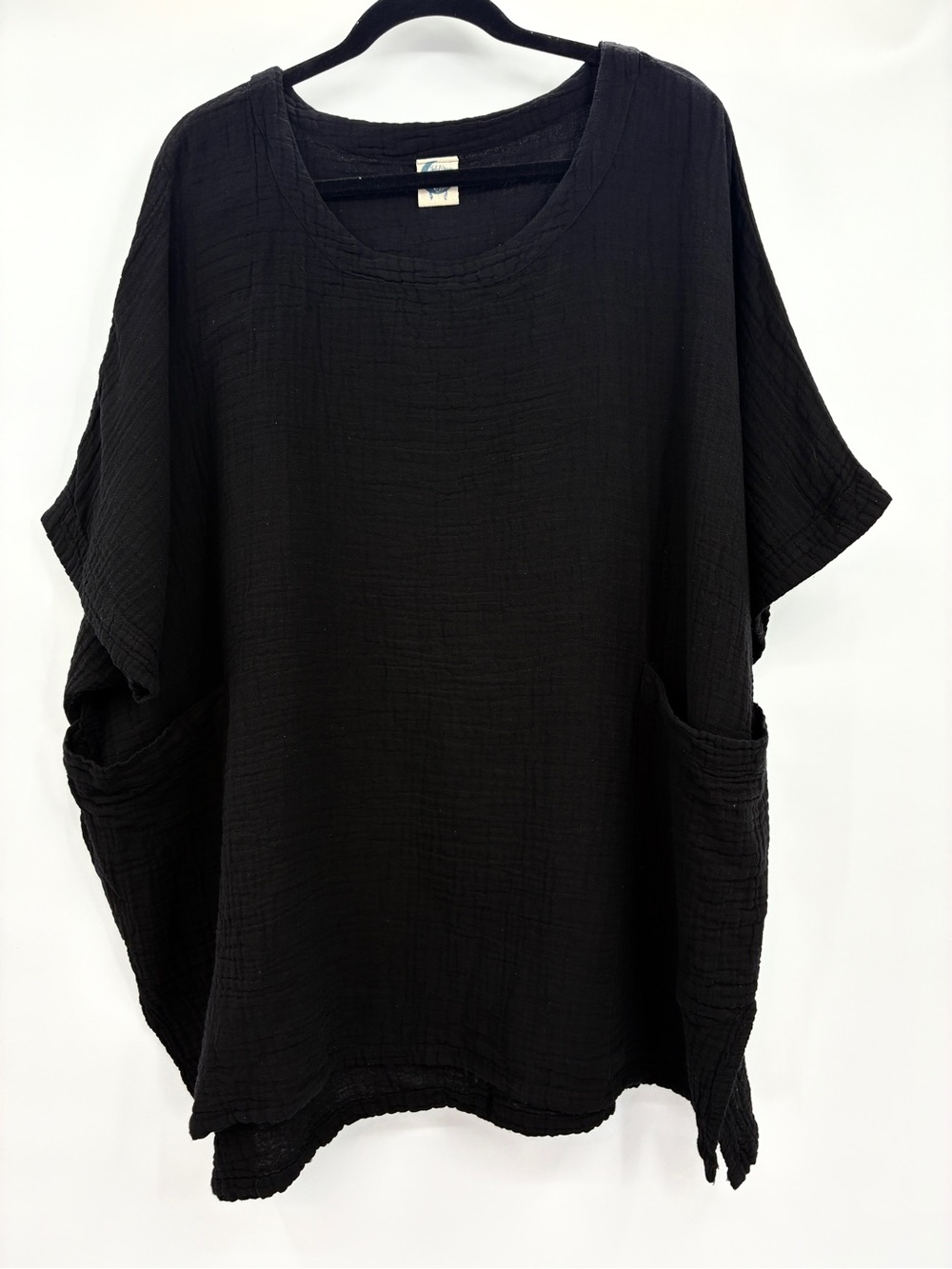 Jaded Gypsy Women Gauzy Cotton Tunic Short Sleeve Top Shirt Lagenlook Black L/XL